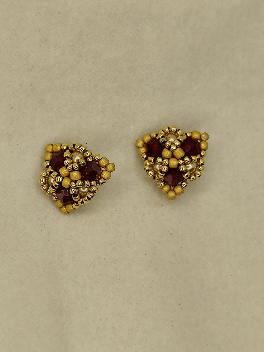 Gold and Burgundy Beaded Triangle Stud Earrings